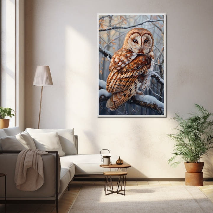 Barn owl with a heart-shaped face on a snow-covered branch