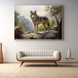 Oil-style painting of a grey wolf standing on canyon rock in misty highlands