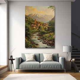 Alpine village with stone houses and a church tower below snowy peaks and a mountain stream