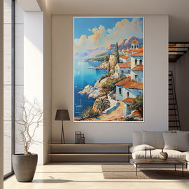 Mediterranean coastal village landscape with white houses, terracotta roofs and sailboats on a turquoise bay