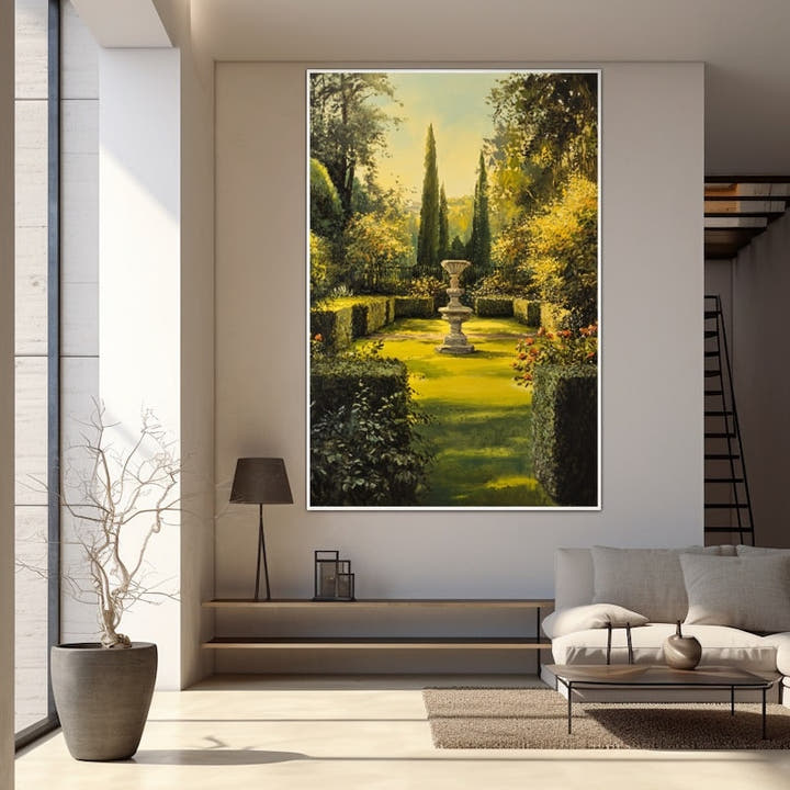 Painting of a formal garden with a stone urn in golden light