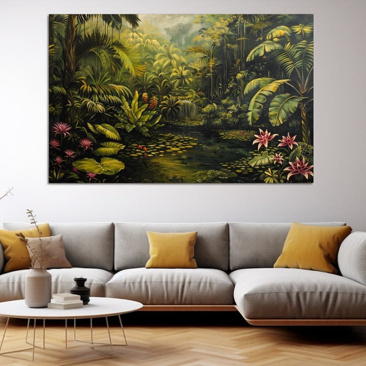 Jungle painting of a tropical waterhole with pink water lilies, palm fronds and banana leaves around a still pool