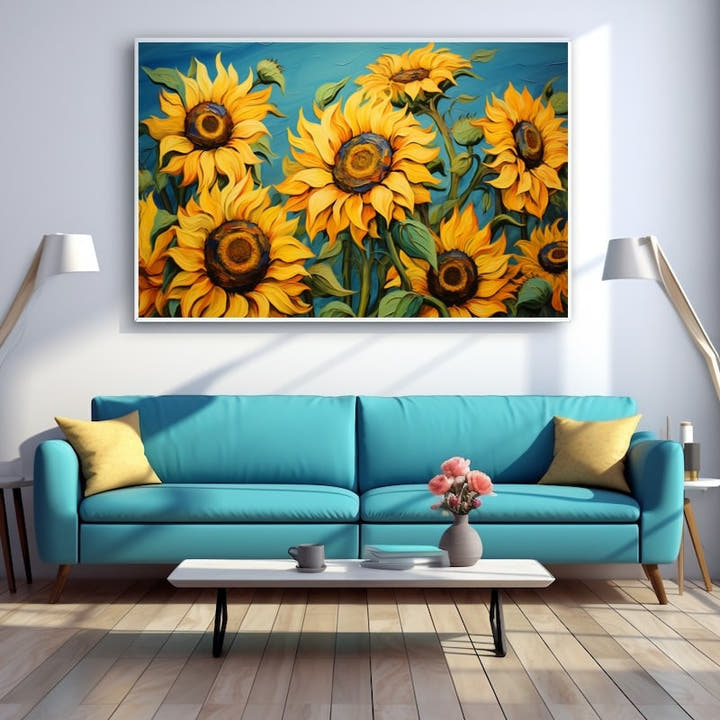 Painterly image of bold sunflowers against a deep teal sky