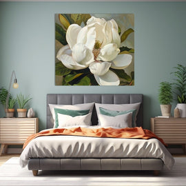 Magnolia flower oil painting of a single ivory bloom with glossy green leaves