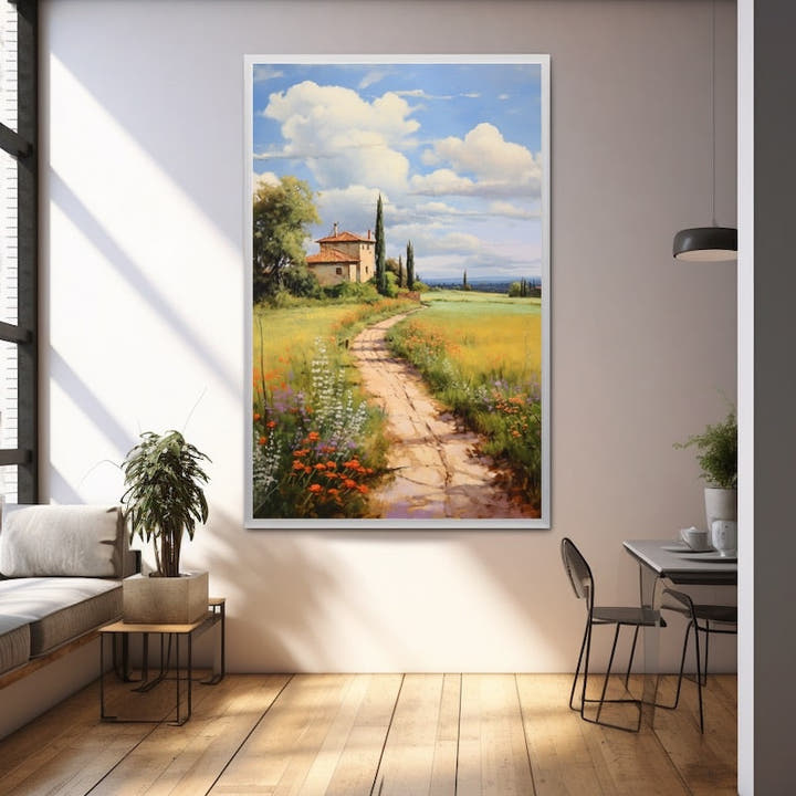 Country house with terracotta roof above a blooming meadow and winding path