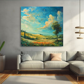 Impressionist Tuscan meadow with cypresses and wildflowers under a cloud-filled sky