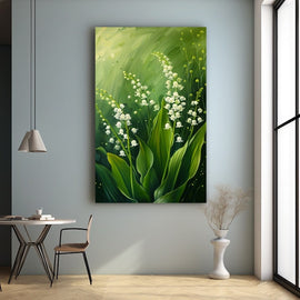 Painting of white lily of the valley flowers on green stems
