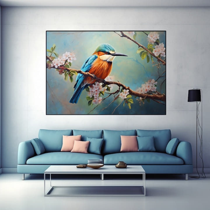 Turquoise and orange kingfisher perched among white apple blossom