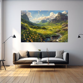 Alpine valley landscape painting with wildflower meadow and snow-capped peaks