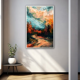 Tall abstract autumn landscape in rust, peach and teal with a winding path