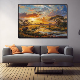 African safari landscape at sunset with an elephant, acacia trees and a waterhole
