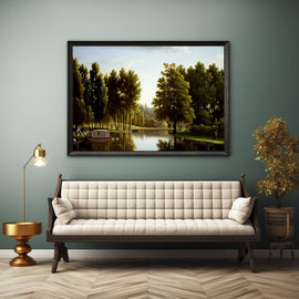 Landscape painting of a calm river with poplars, a white cabin and a red boat