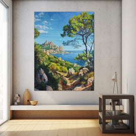 Rugged Mediterranean coast with umbrella pine and red rocks