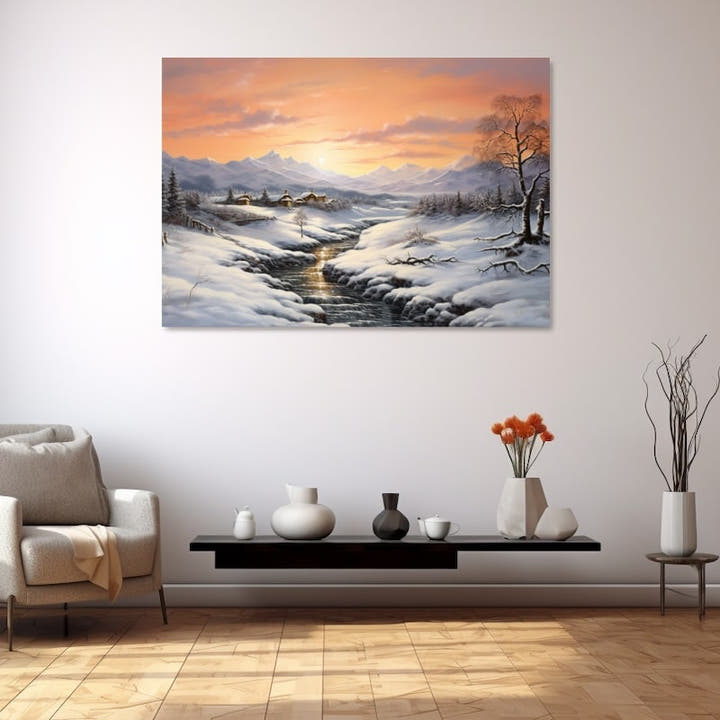 Painting of a snowy valley at sunset with a winding stream and village