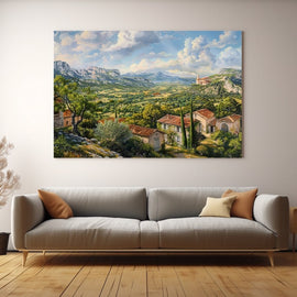 Provencal valley with ochre farmhouses, cypress trees and limestone ridges