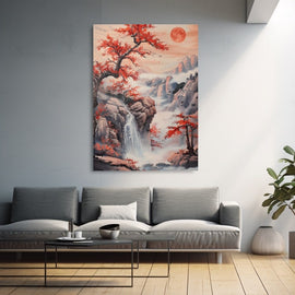 Traditional Japanese landscape painting with scarlet maples, waterfall and red sun