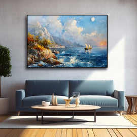Impressionist oil seascape of a sailing ship by golden cliffs