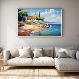 Sunlit Mediterranean cove with stone cottage, cypress trees and turquoise sea