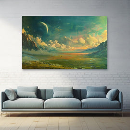 Dreamlike valley landscape with a large planet and golden clouds in a teal sky
