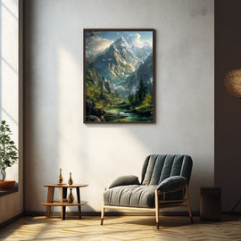 Alpine valley landscape with a snow-topped granite peak, misty gorge and a tumbling river