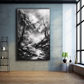 Black and white painting of a dramatic mountain gorge with a rushing stream