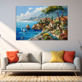 Painting of a Mediterranean coastal village above a blue bay with sailing boats