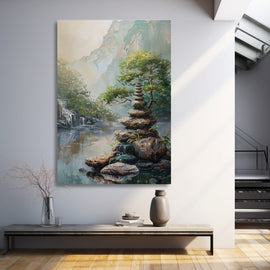Japanese landscape painting with stacked Zen stones, a tree, waterfall and misty mountains