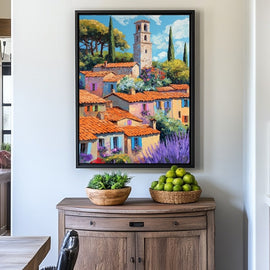 Oil painting of a Provençal village with terracotta roofs and purple lavender