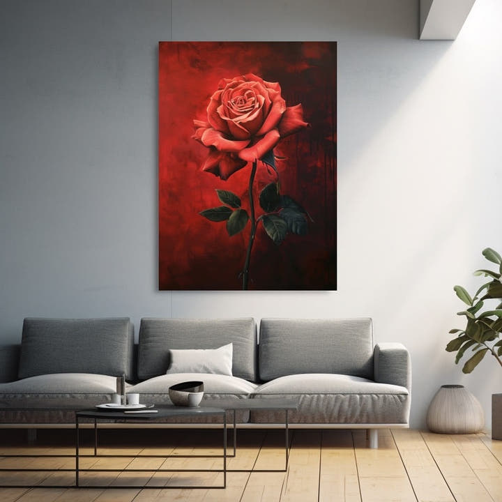 Tall single red rose on a stem against a painterly crimson background
