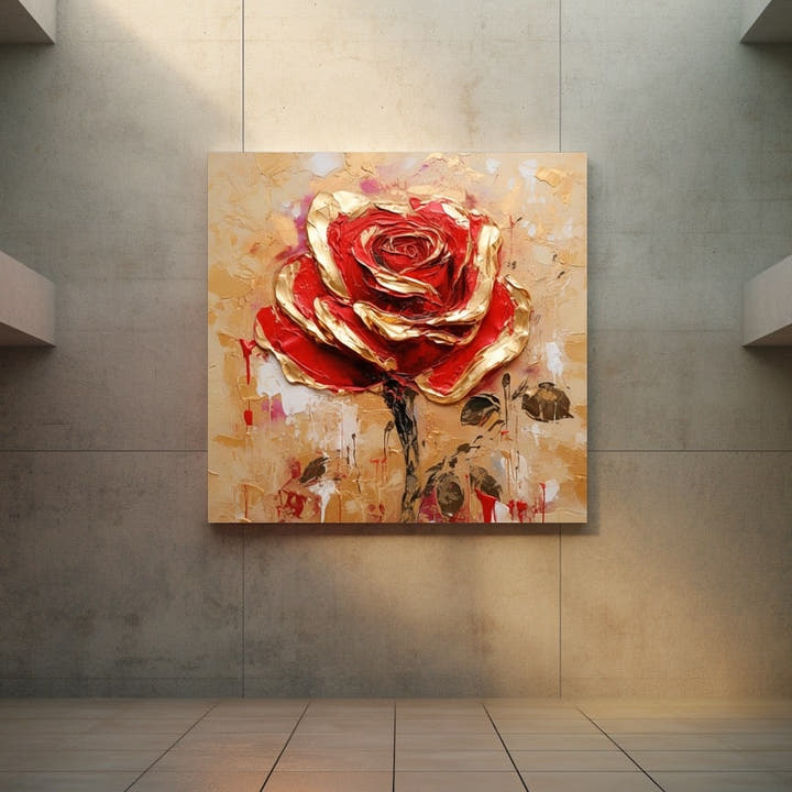 Red rose acrylic painting outlined in gold leaf on a warm cream background