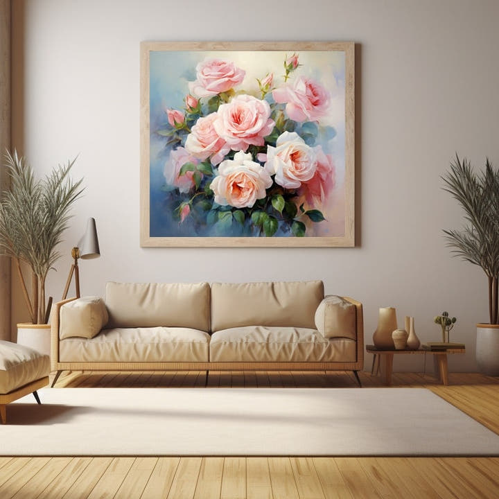 Painting of a bouquet of blush and peach roses on a soft blue background