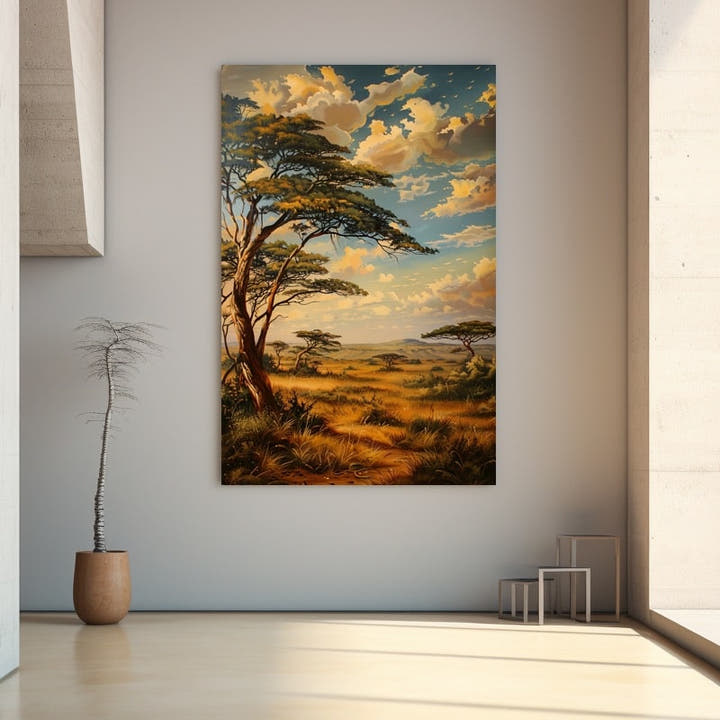 Savannah canvas with acacia tree, golden grasses and towering clouds