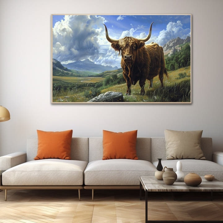 Highland bull in a mountain meadow under a cloudy sky