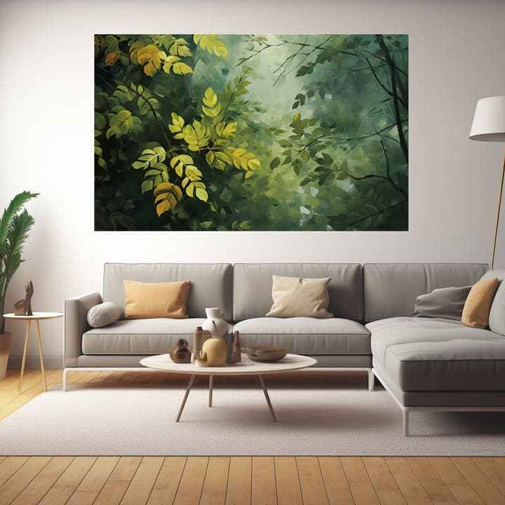 Impressionist painting of green woodland foliage with yellow-tipped leaves in a misty haze