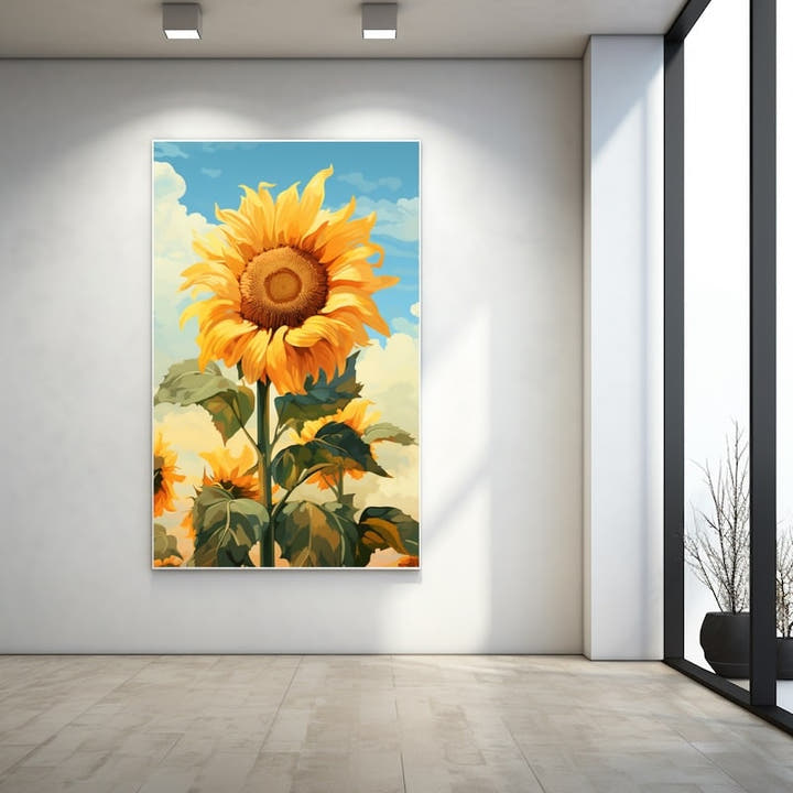 Contemporary painting of a tall golden sunflower against a blue summer sky