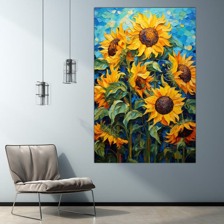 Abstract acrylic sunflowers with golden petals against a turquoise sky