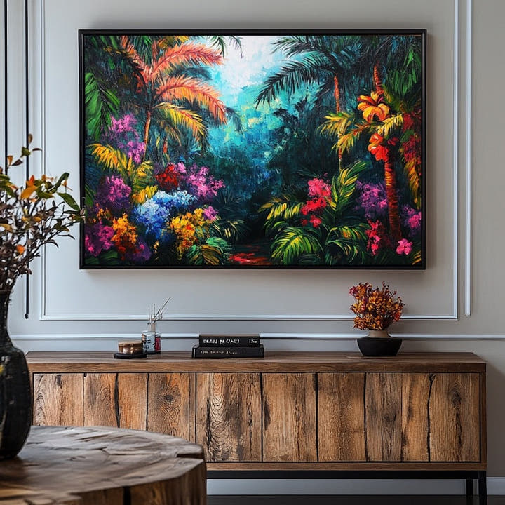 Vivid painted jungle with palms and jewel-bright flowers