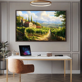 Painting of sunlit vineyard rows, a stone farmhouse and cypress trees in a valley