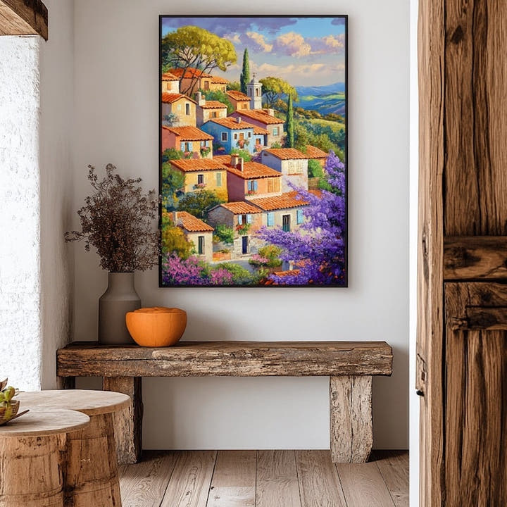Impressionist painting of a hillside village with purple lavender and orange roofs
