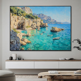 Turquoise Mediterranean cove with limestone cliffs and small boats off Provence