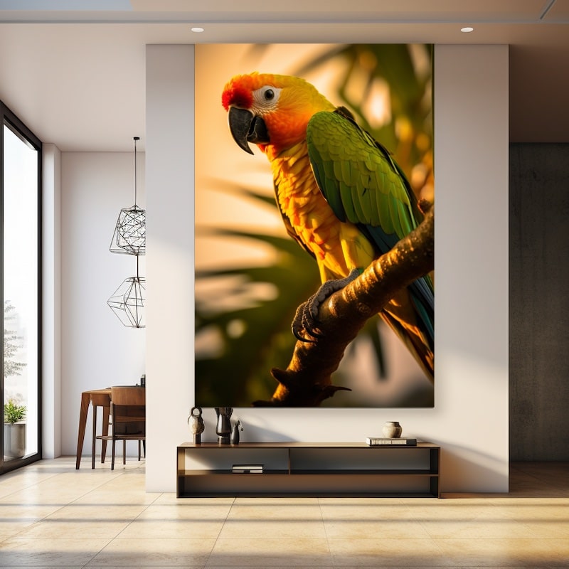 Colourful sun conure parrot in golden light on a branch