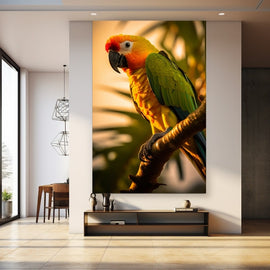 Colourful sun conure parrot in golden light on a branch