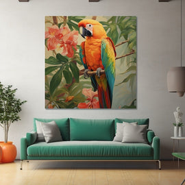 Colourful feng shui macaw parrot among tropical leaves and pink blossoms