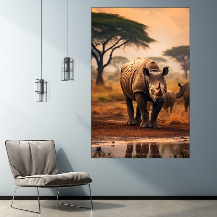 African savanna canvas painting, rhino at a waterhole at sunset
