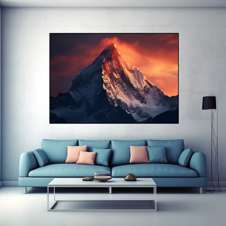 Snowy mountain peak against a fiery sunset sky painting