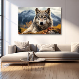 Photographic portrait of a grey wolf resting on a mossy rock with snowy mountains behind