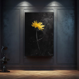 Lone yellow dandelion glowing against a deep black background