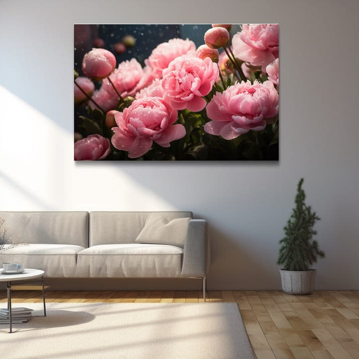 Cluster of dewy pink peony-like roses against a twilight-blue background