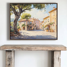 Watercolour of a sunny Provencal village square with stone houses and a plane tree