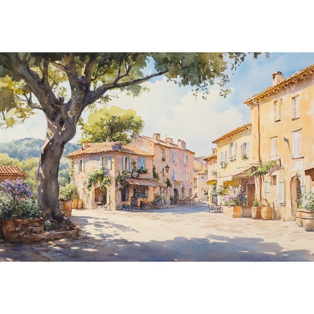 Village Scenery Watercolor Canvas